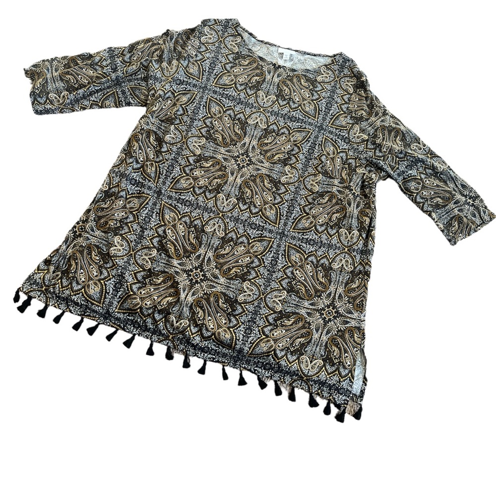 J. JILL PAISLEY PRINT FRINGED TASSLE BOTTOM BROWN AND BLACK TUNIC TOP, SZ: 3X